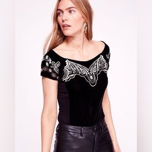 NWT Free People Party Train Black Velvet Embroidered Top M Boho Western Romantic